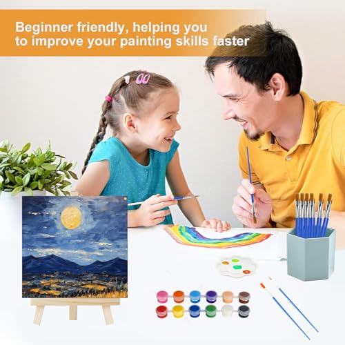 25 Pack 6 x 6 Inch Mini Canvas and Easel Set with Paint, Small Canvases for Painting with Easel Stand and 12 Colors Mini Paint Set, Bulk Students Acrylic Canvas Painting Kit for Paint Party Supplies