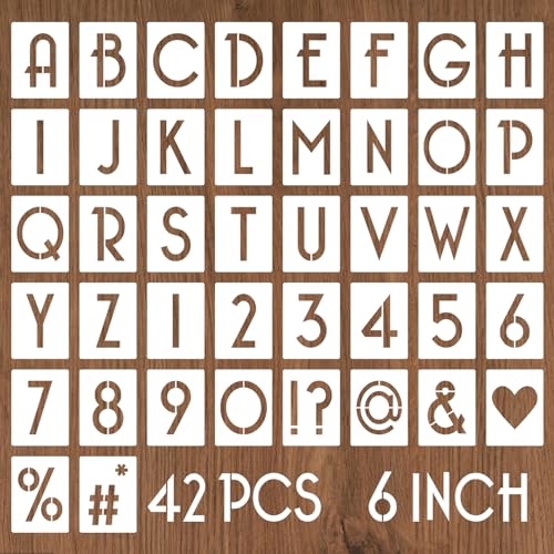 YEAJON 6 Inch Letter Stencils and Numbers, 42 Pcs Alphabet Drawing Stencils, Reusable Plastic Craft Templates for Painting on Wood, Wall, Fabric, Rock, Signage - size: 6 Inch