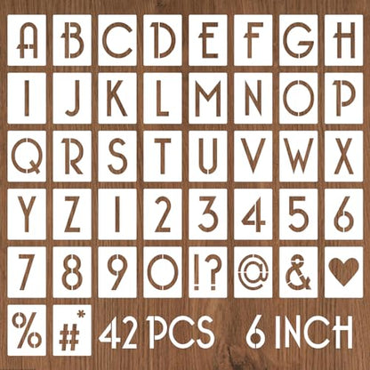 YEAJON 6 Inch Letter Stencils and Numbers, 42 Pcs Alphabet Drawing Stencils, Reusable Plastic Craft Templates for Painting on Wood, Wall, Fabric, Rock, Signage - size: 6 Inch