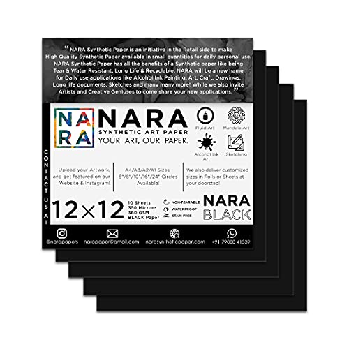 Nara Alcohol Ink Paper | Black, 12 x 12 inches, 350 Microns/360 GSM, Medium+, 10 Sheets, Stain-Free - color: Black_Square_Paper Sheets