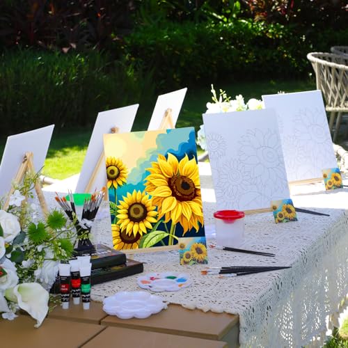 Cholemy 8 Set Paint and Sip Kit for Adults 8'' x 10'' Pre Drawn Canvas with Wooden Easels Acrylic Paint Brushes Wash Cup Palette Apron for Painting DIY Date Night Party Supplies(Sunflower) - style: Sunflower