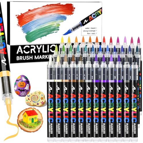 36 Colors Acrylic Paint Markers Brush Tip, Colored Paint Pens Set with Direct-Liquid Ink Control System, Water-Based Coloring Markers for Pumpkin Decorating Kit, Rock, Fabric, Wood, Wood, Art Supplies - color: 36 Colors Brush Tip