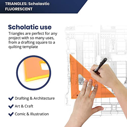 Pacific Arc's Scholastic Triangle - 12 inch - Fluorescent - 45/90 Angle - Polystyrene - Inking Edge - Technical Drawing Tools, Drafting, Architect and Engineering. - style: 12 inch, 45/90