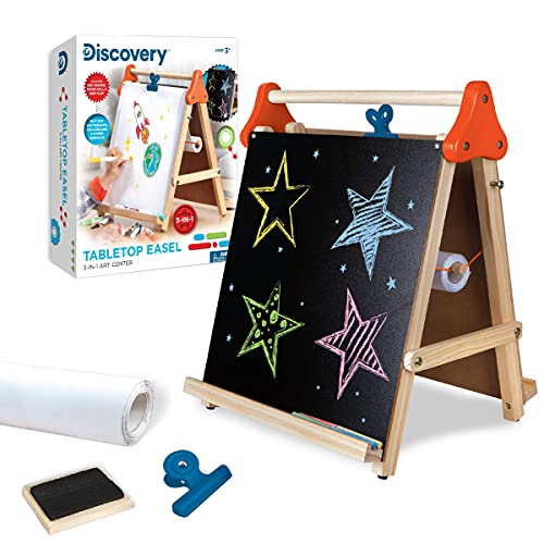Discovery™ 3-in-1 Tabletop Dry Erase Chalkboard Painting Art Easel, Includes Paper Roll and Oversized Clip, 17 x 15 Inch Wood Frame, Perfect for Children 3+ | Foldable/Portable for Countertop Play