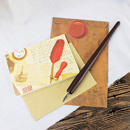GIFTS Calligraphy Pen Set,12-Piece Kit, 5 Nib & 5 Ink Set,Writing Quill Pen,Anitque Dip Feather Pen Set (wood+feather)