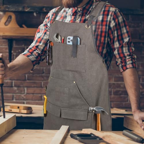 Men's Canvas Tool Apron, Heavy Duty Multi-Pocket Work Apron for Woodworking Gardening Bartender Adjustable Straps - color: Grey