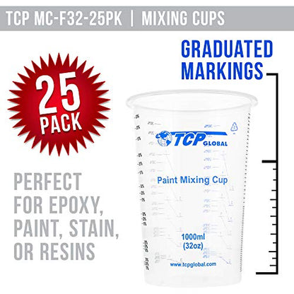 TCP Global 32 oz. (1000ml) Graduated Plastic Mixing Cups (Box of 25)