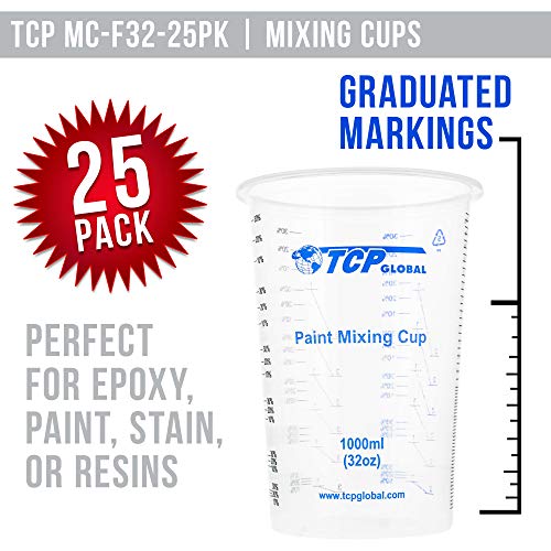 TCP Global 32 oz. (1000ml) Graduated Plastic Mixing Cups (Box of 25)
