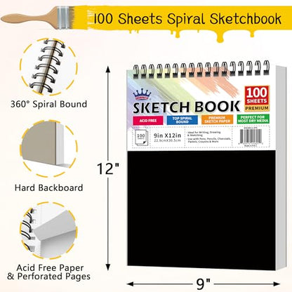 WINNER 9" x 12" Sketch Book 4 Pack, 400 Sheets Spiral Bound Art Sketchbook, 68lb/100gsm White Acid Free Drawing Pad, Sketching Drawing Writing Sketch Pad, Art Supplies for School, Kids, Adults &Teens - color: Black, size: 9"x12"