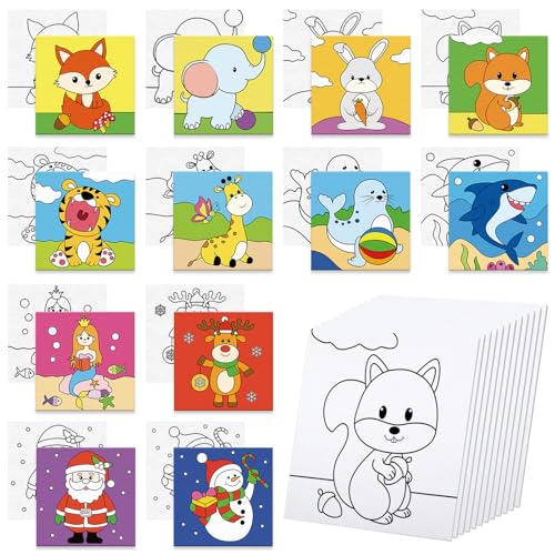 Anseal 12 Packs Pre Drawn Canvas to Paint, 4" X 4" Animal Pre-Printed Canvas Paint Party, Stretched Outline Painting Boards for Beginners, Party Favor - style: Animal2