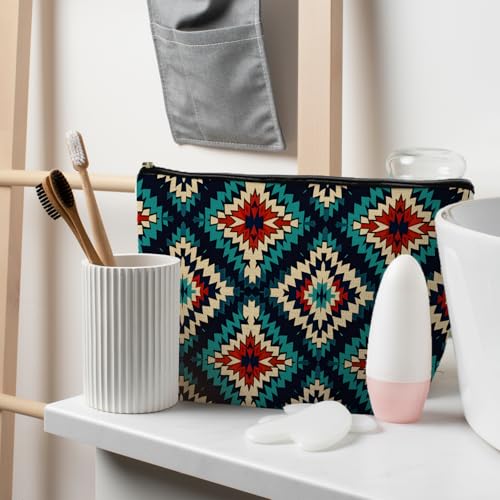 Boho Aztec Makeup Bag, Ethnic Southwestern Navajo Tribal Cosmetic Bag for Women, Western Gifts and Accessories - color: Boho Aztec