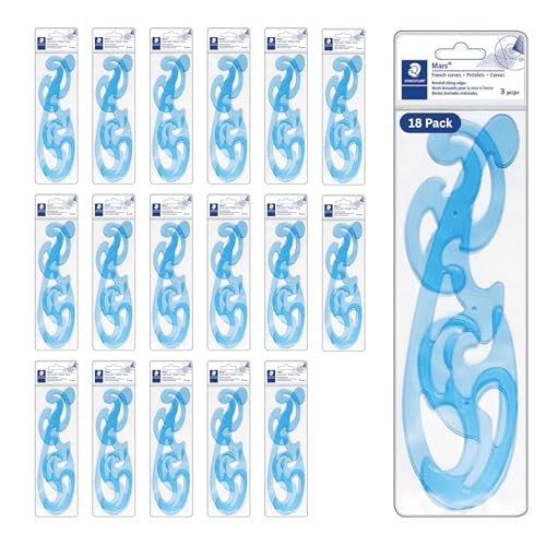 STAEDTLER Mars Professional French Curve Design Ruler Set, 18-Pack | 3 Essential A B C Shapes, Blue Transparent Plastic with Inking Edge, 3 pcs Each Set, 54 Count