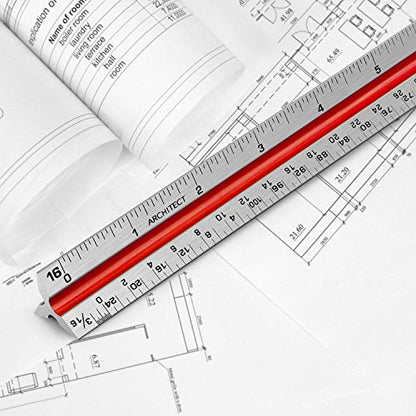 12" Architectural Scale Ruler Triangular Ruler, Color-Coded, 1 Pack | Aluminum Architect Scale Ruler for Architects, Draftsman, Students and Engineers - color: Tricolor