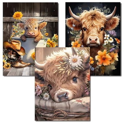 Axquilon 3 Pack Highland Cow Diamond Art Kits for Adults 12x16inch | Diamond Painting Kits for Adults, 5D Round Full Drill Cow Gem Art, Paint by Diamonds Pictures DIY Crafts Kits - color: 3 Pack Highland Cow