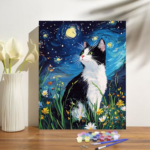 obterie Starry Night Paint by Numbers Kit for Adults Beginner Cat Oil Painting Kit Adult Paint by Number Kits on Canvas DIY Painting for Beginners Art by Numbers for Gifts Home Wall Decor 16x20 Inch - color: YF001