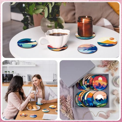 Reallnaive 8 Pcs Mountain Paint by Numbers Kit for Adults Wooden Coasters | Mini Paint by Numbers, Tiny Landscape Round Oil Painting Drink Coaster with Holder, for Small DIY Craft Birthday Gift - style: Mountain