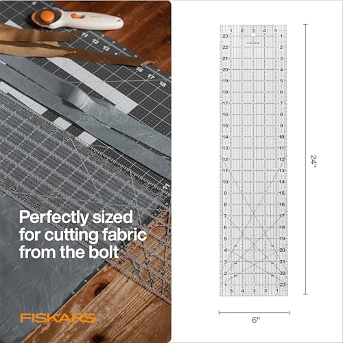 Fiskars 6" x 24" Sewing & Quilting Ruler with Gridlines, Clear/Black | Cut Fabric from the Bolt, Easy to Read Measurements, Quilting & Sewing Supplies for Arts and Crafts - size: 6" x 24"