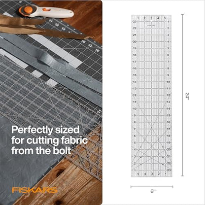 Fiskars 6" x 24" Sewing & Quilting Ruler with Gridlines, Clear/Black | Cut Fabric from the Bolt, Easy to Read Measurements, Quilting & Sewing Supplies for Arts and Crafts - size: 6" x 24"