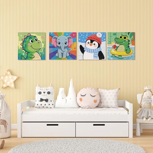 UiSdfuy Diamond Art Kits for Kids,Arts & Crafts for Kid Ages 8-12,Diamond Art for Kids,Gem Art 4 Pack Diamond Painting 6" X 6" (Dinosaur Crocodile Penguin Elephant) - color: Dinosaur Crocodile Penguin Elephant