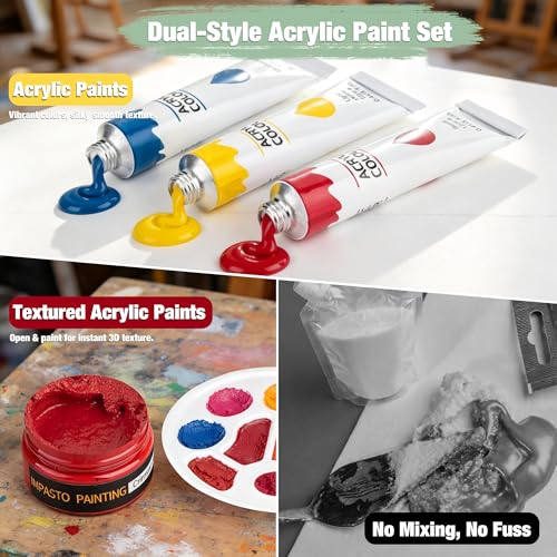 96PCS Acrylic Paint Kits for Adults, 24 Colors Textured& Acrylic Paints | 3D DIY Textured Paints, Acrylic Paints, Tabletop& Adjustable Aluminum Easel, Brushes, Canvas, Complete Art Supplies Set - style: 96pcs