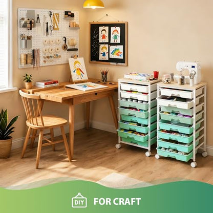 Goovilla Rolling Cart with 8 Drawers for Art, Dorm, Office, Craft, Green | Utility Cart Organizer With 8 Removable Drawers and Wooden Tabletop, Lockable Rolling Storage Organizer for Classroom, Home - size: Green