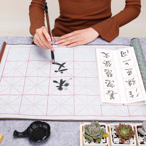 MEGREZ Reusable Water Writing Calligraphy Cloth Set No Ink Practice Kit | 32 grids, 4pcs set, brush pen & water dish, copy template, multi color options, mess-free, calligraphy practice - color: Dark Green