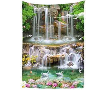 BELECO 3x5ft Fabric Forest Park Waterfall Backdrop Picturesque Swan Lake Lotus Pond Green Trees Scenery Photography Background Wallpaper Spring Summer Holiday Travel Portrait Photoshoot Props - size: 3x5FT