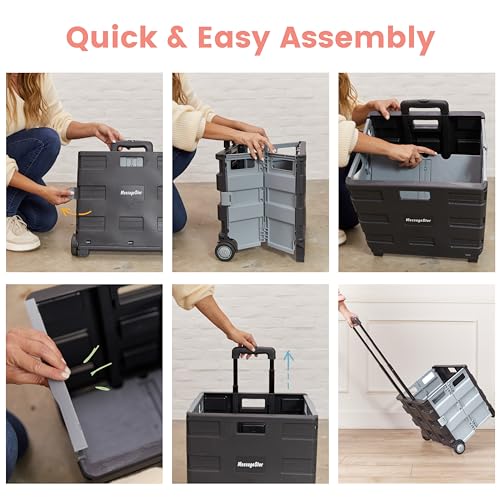 ECR4Kids Universal Collapsible Rolling Utility Storage Cart, Black | Durable plastic, adjustable handle, 40 lb capacity, collapses to 3" thick for storage, rolling wheels for easy transport