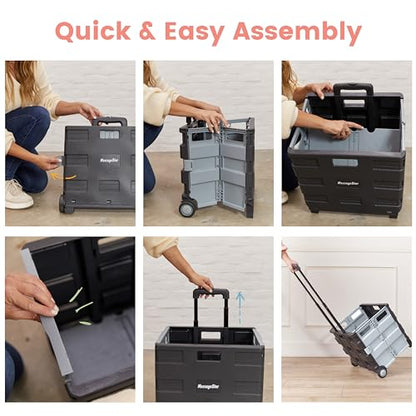 ECR4Kids Universal Collapsible Rolling Utility Storage Cart, Black | Durable plastic, adjustable handle, 40 lb capacity, collapses to 3" thick for storage, rolling wheels for easy transport