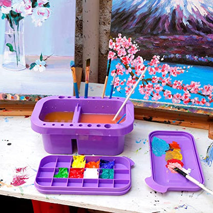 MyLifeUNIT Paint Brush Cleaner, Paint Brush Holder with Palette, Purple | 18 mixing wells, 16 slots fitting 0.24-0.63 in diameters, 3 washing compartments, removable tray lid - color: Purple