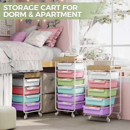 SYKIARIOL Utility Cart with 5 Labeling Drawers and Wooden Tabletop - color: Ice Cream, size: 5-Drawer