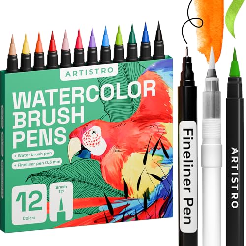ARTISTRO 12 Watercolor Markers with Flexible Paint Brush Pens for Pros & Beginners - Consistent, Smooth, Bright, Washable, Non-Toxic, Ideal for Coloring, Calligraphy, & Manga - style: 12 Brush Tip