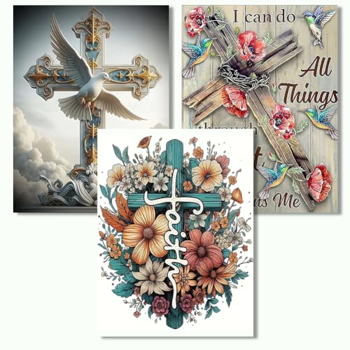Axquilon 3 Pack Religious Diamond Art Kits for Adults 12x16inch | Cross Diamond Painting Kits for Adults, 5D Round Full Drill Christian Gem Art, Paint by Diamonds Pictures DIY Crafts Kits - color: 3 Pack Cross