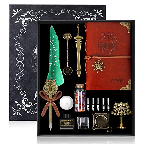 TIANREN Quill Pen and Ink Set,Feather Dip Pen,Antique Calligraphy Pen with 5 Replaceable Nibs,Wax Seal Stamp kit,Wax Beads & Leather Writing Notebook Christmas gift for Men&Women(Green)