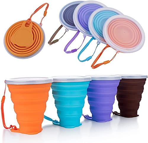 ME.FAN Silicone Collapsible Travel Cup - Silicone Folding Camping Cup with Lids - Expandable Drinking Cup Set - Portable, Graduated [9.22oz] - color: 4 Pack-Orange-Blue-Coffee-Purple