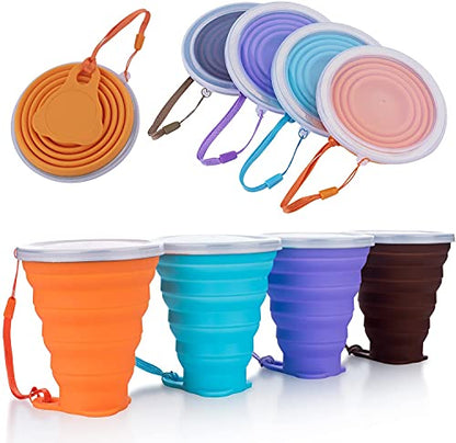 ME.FAN Silicone Collapsible Travel Cup - Silicone Folding Camping Cup with Lids - Expandable Drinking Cup Set - Portable, Graduated [9.22oz] - color: 4 Pack-Orange-Blue-Coffee-Purple