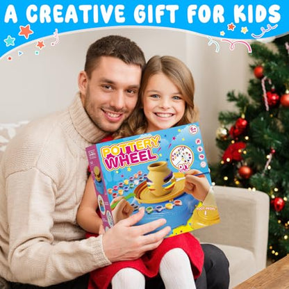 Weilim Pottery Wheel for Kids Beginners, Air-Dry Clay & Paint Kit Ages 6-12 | 3 Clay Packs, 14 Paint Colors, Sculpting Tools, Brushes, Palette,Apron; Gentle Beginner Spin, USB Rechargeable, No Oven - color: Blue