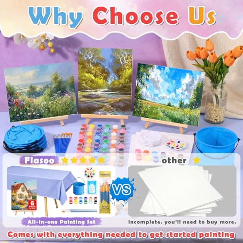 Flasoo 6 Pack 8x10 Canvas Painting Kit, 75 PCS Sip and Paint Kit, Paint and Sip Kit for Adults with Acrylic Paint, 32 Brushes, Palettes, Aprons, Tablecloth, Folding Cups for Paint Night, Gift - color: 12 colors-6pack