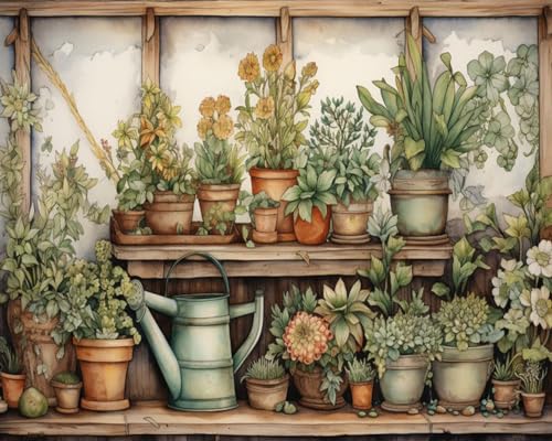 Vintage Wood Gardening Painting Paint by Number Rustic Garden Scenery with Plants DIY Painting on Canvas with Brushes Acrylic Paints Paint by Numbers for Adults and Beginner 16x20 Inch（without Frame） - color: Garden 04, size: 16''x20''(Frameless)