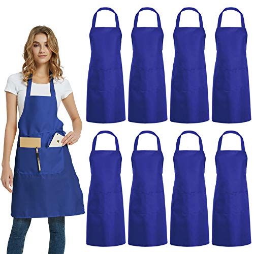 DUSKCOVE 8 Pack Bib Aprons Bulk - Unisex Blue Commercial Apron with 2 Pockets for Kitchen Crafting BBQ Drawing Cooking - color: Blue