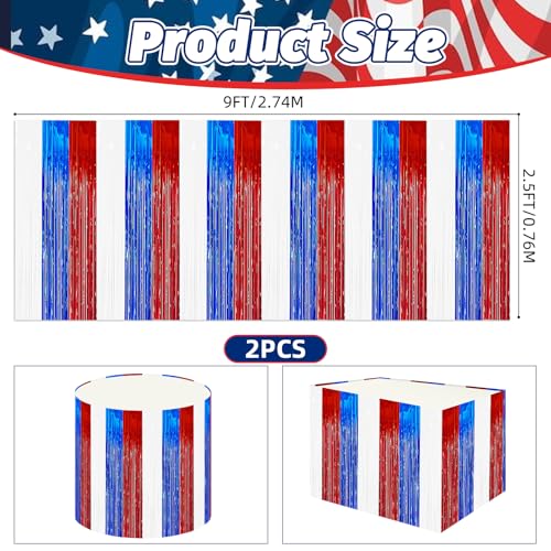 2 Pack 2.5ft x 9 ft Red White and Blue Metallic Foil Fringe Table Skirt, July 4th Patriotic Tinsel Table Skirts Cover for Rectangle and Round Tables, Labor Day, Veterans Day - color: Red White Blue