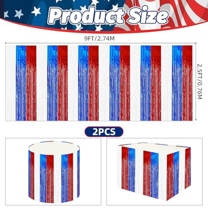 2 Pack 2.5ft x 9 ft Red White and Blue Metallic Foil Fringe Table Skirt, July 4th Patriotic Tinsel Table Skirts Cover for Rectangle and Round Tables, Labor Day, Veterans Day - color: Red White Blue