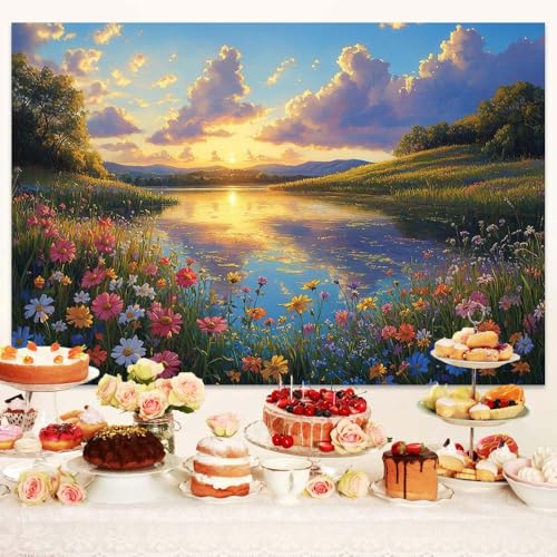5X3ft Lake Natural Scenery Backdrop Spring Natural Scenery Flowers Landscape Mountain Forest Trees Blue Sky Sunset Photography Background Picnic Camping Hiking Spring Travel Vacation Backdrop - color: Red, size: 5x3FT
