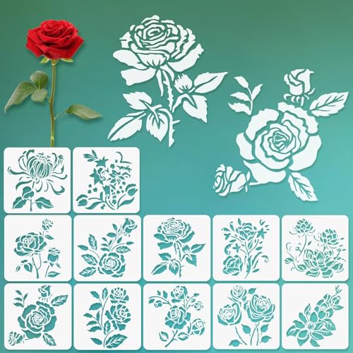 12 Pcs Large Flower Stencils for Painting, 5.12 X 5.12 Inch Flower Stencils for Crafts Reusable, Wood and Wall Stencils for Painting Large Pattern, DIY Templates Holiday Wall Paper (H) - style: H