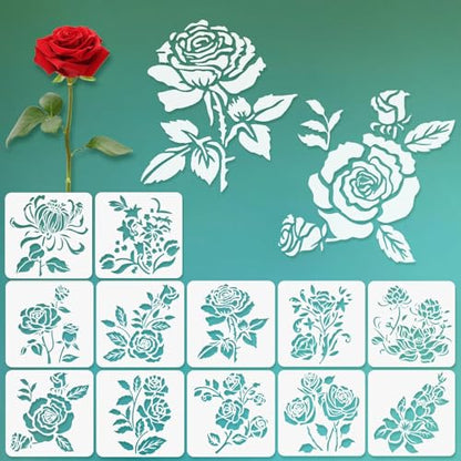 12 Pcs Large Flower Stencils for Painting, 5.12 X 5.12 Inch Flower Stencils for Crafts Reusable, Wood and Wall Stencils for Painting Large Pattern, DIY Templates Holiday Wall Paper (H) - style: H