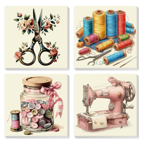 HEIBAGO 4 Pack Framed Paint by Numbers Kit for Adults Beginner, Adult Paint by Number Kits Vintage Sewing, DIY Paint by Numbers for Adults,Small Easy Acrylic Oil Painting for Wall Decor 8x8 Inch - color: Vintage Sewing
