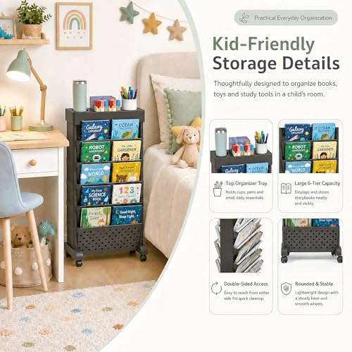 6-Tier Rolling Bookshelf Magazine Rack with Wheels Black - color: Black, size: 6-Tier 30.5"H