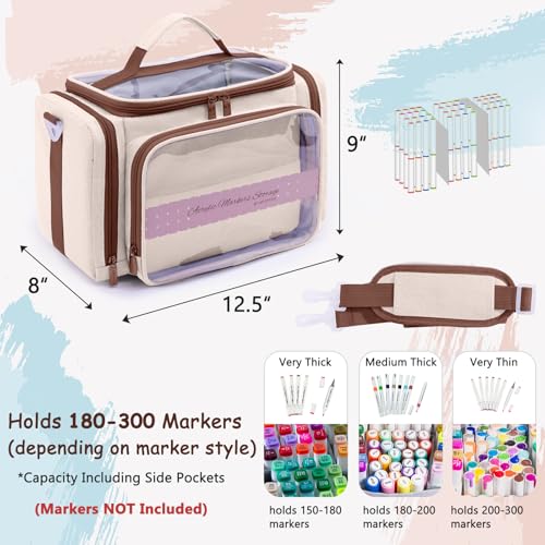 Marker Storage Organizer Case for 180–300 Markers – Large Marker Holder with Divider, Travel Carrying Case for Alcohol Markers, Pens, Colored Pencils, and Stationery – Portable Art Supply Bag - color: Cream