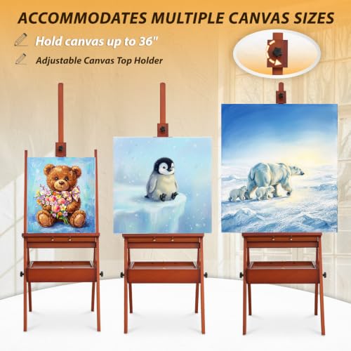 Painting Easel Stand with Storage, 57"-72" Height Adjustable Art Easel | Foldable beech wood easel with drawer trays,H-frame artist easel stand for painting,Wooden floor easel holds canvas up to 36" - color: Warm Walnut