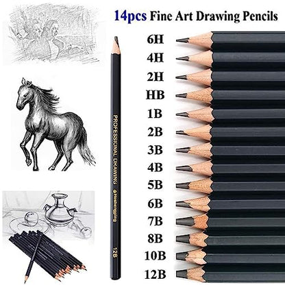 Heshengping 26 Pack Sketching Set Drawing Pencils Kit Art Supplies Include Graphite Charcoal Professional Pencils Set Cute Portable case for Artists Adults Beginners Artist - style: Multicolor | 26 Pack